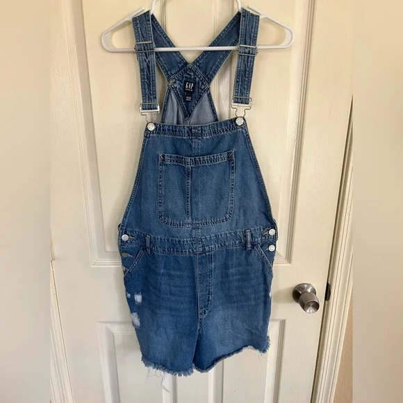 GAP Denim Distressed Shortalls Women’s L Blue Jean Overalls Frayed Hem - Picture 8 of 11